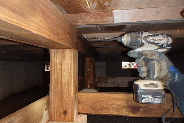 写真：床下施工｜被害部の穿孔注入処理